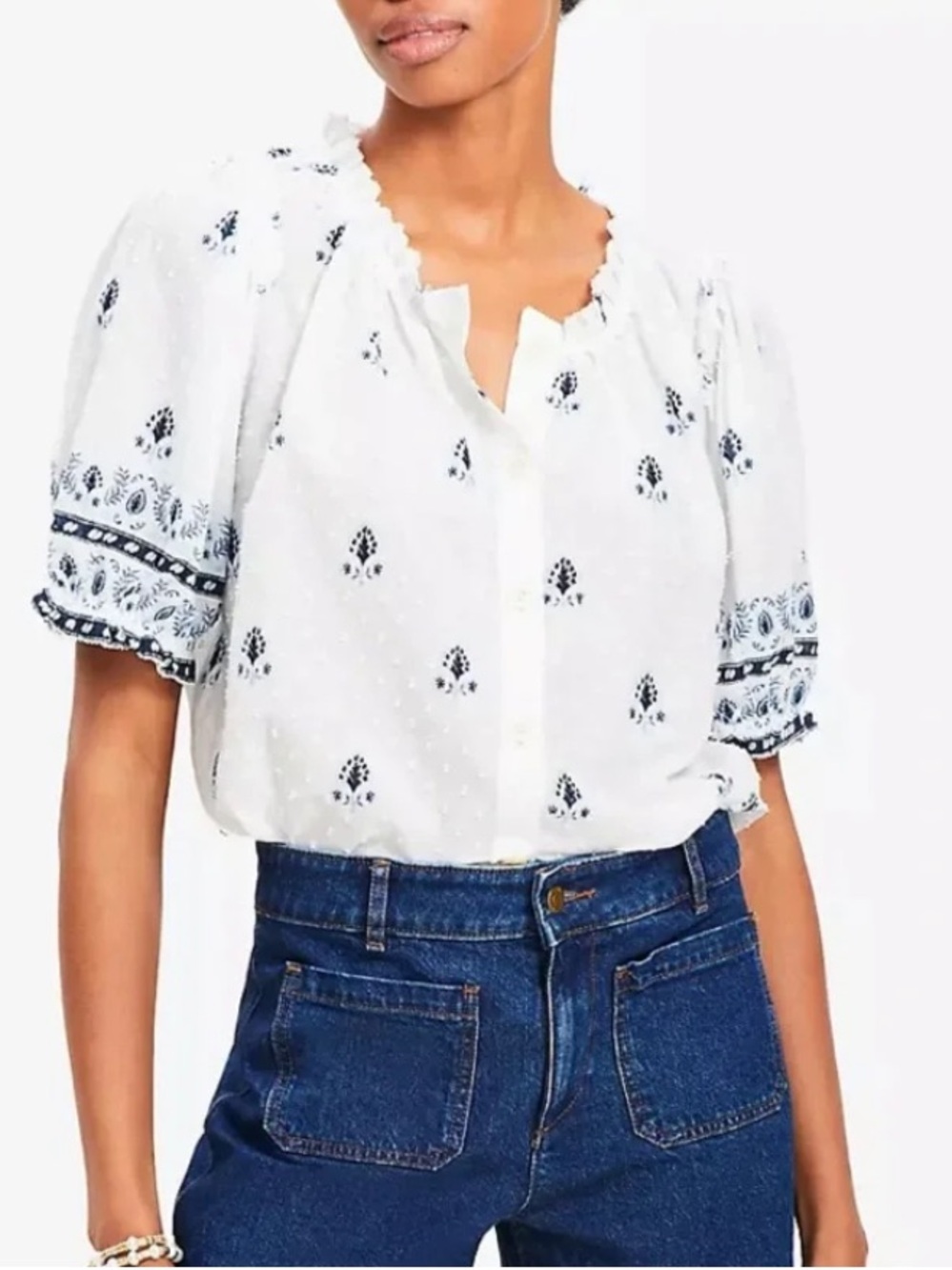 LOFT White Peasant Blouse with Navy Embroidery